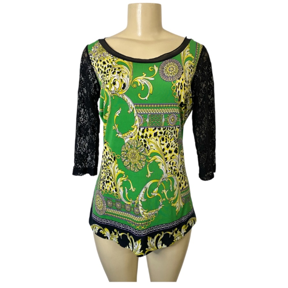 Y2K Vintage Mesmerize Lace Sheer Paisley Green Black Top Blouse Size Medium
